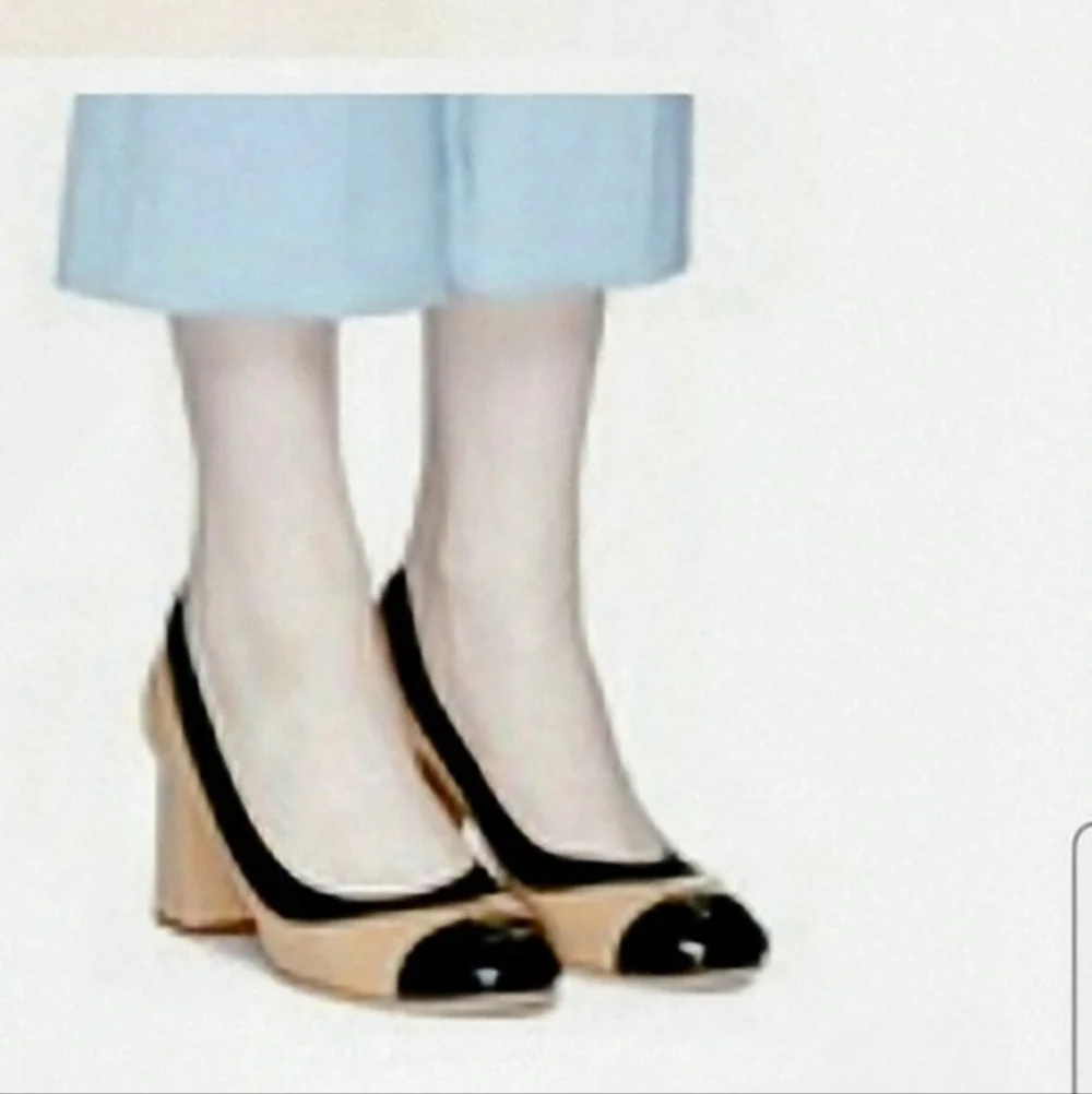 Tory Burch Nude Tan and Black Cap-Toe Leather Pumps